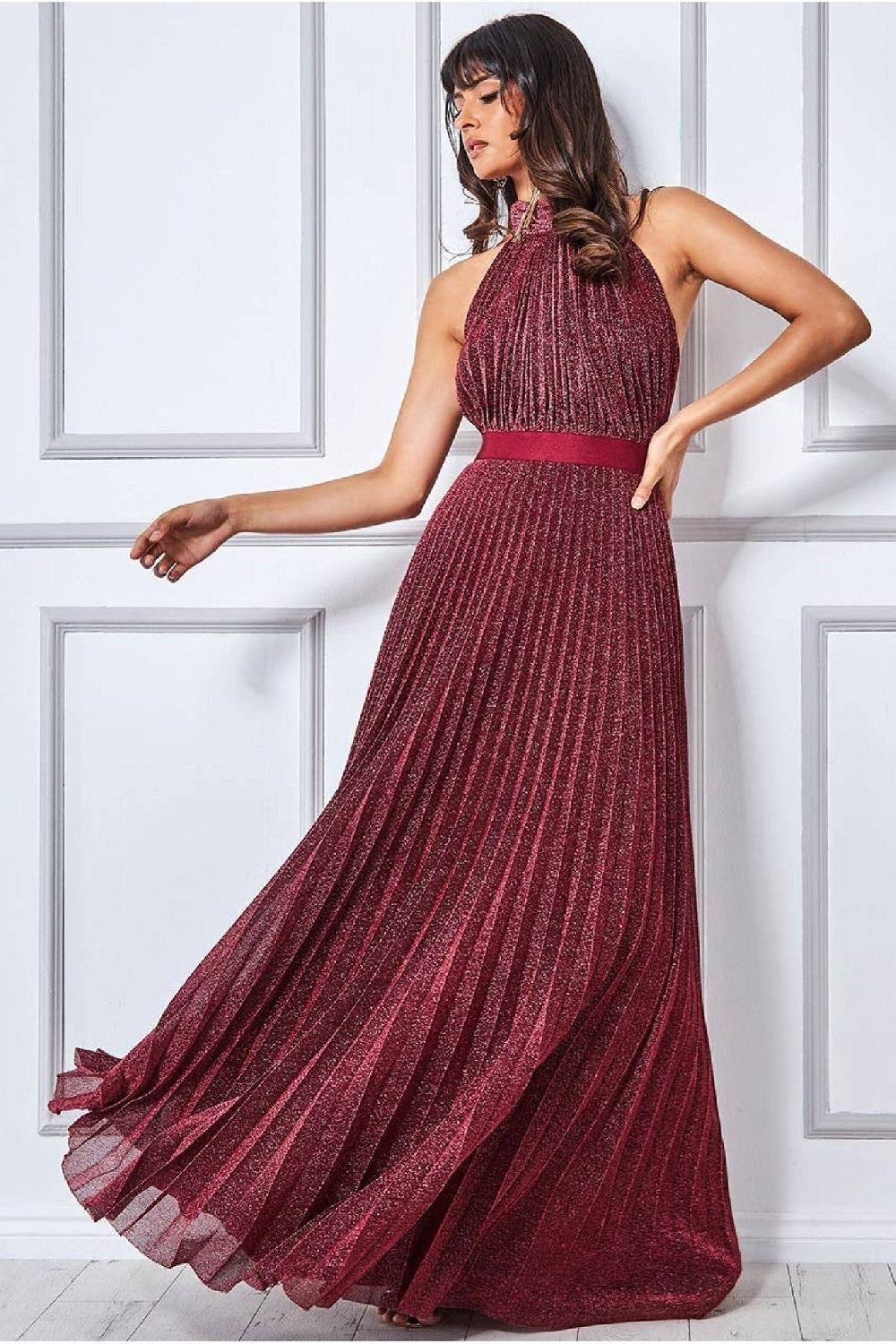goddiva Lurex Halterneck Pleated Maxi Dress - Wine by Goddiva