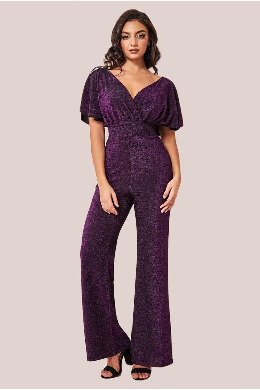 goddiva Lurex Wrap Style Jumpsuit - Magenta by Goddiva