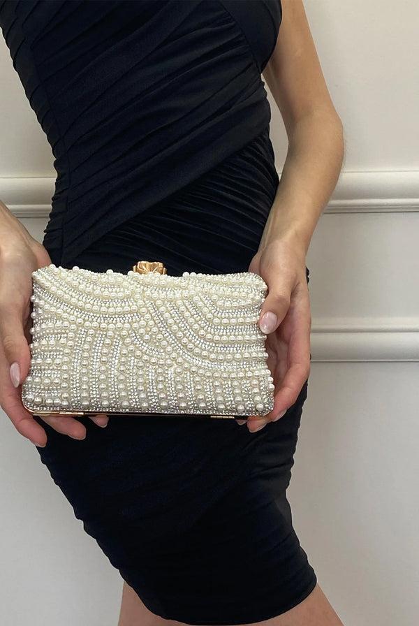 Goddiva Luxurious Gold Pearl Embellished Clutch Bag By SVNX