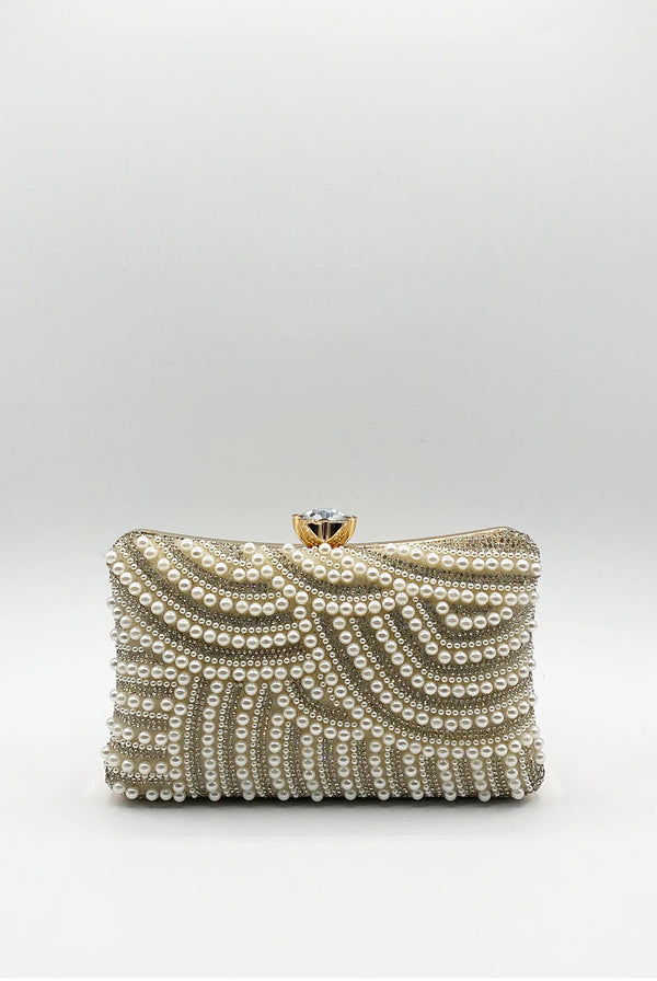 Goddiva Luxurious Gold Pearl Embellished Clutch Bag By SVNX