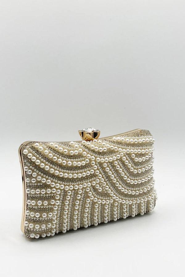 Goddiva Luxurious Gold Pearl Embellished Clutch Bag By SVNX