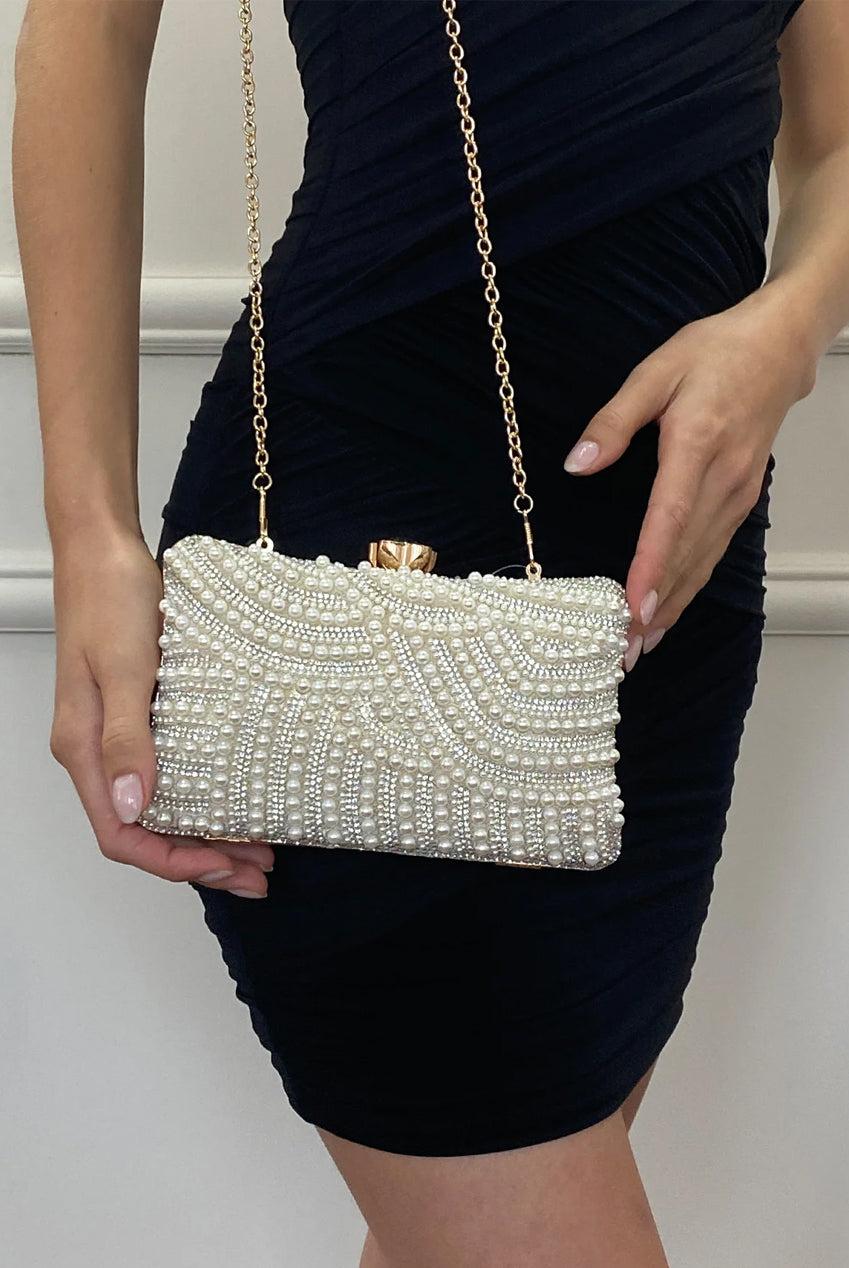 goddiva Luxurious Gold Pearl Embellished Clutch Bag by SVNX