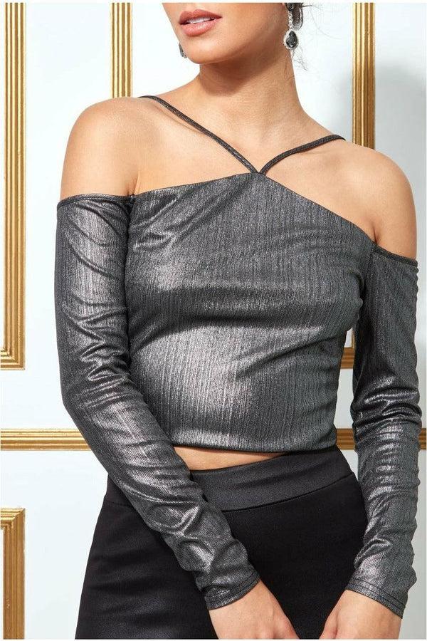 Goddiva Metallic Cut Out Crop Top - Dullsilver By Goddiva