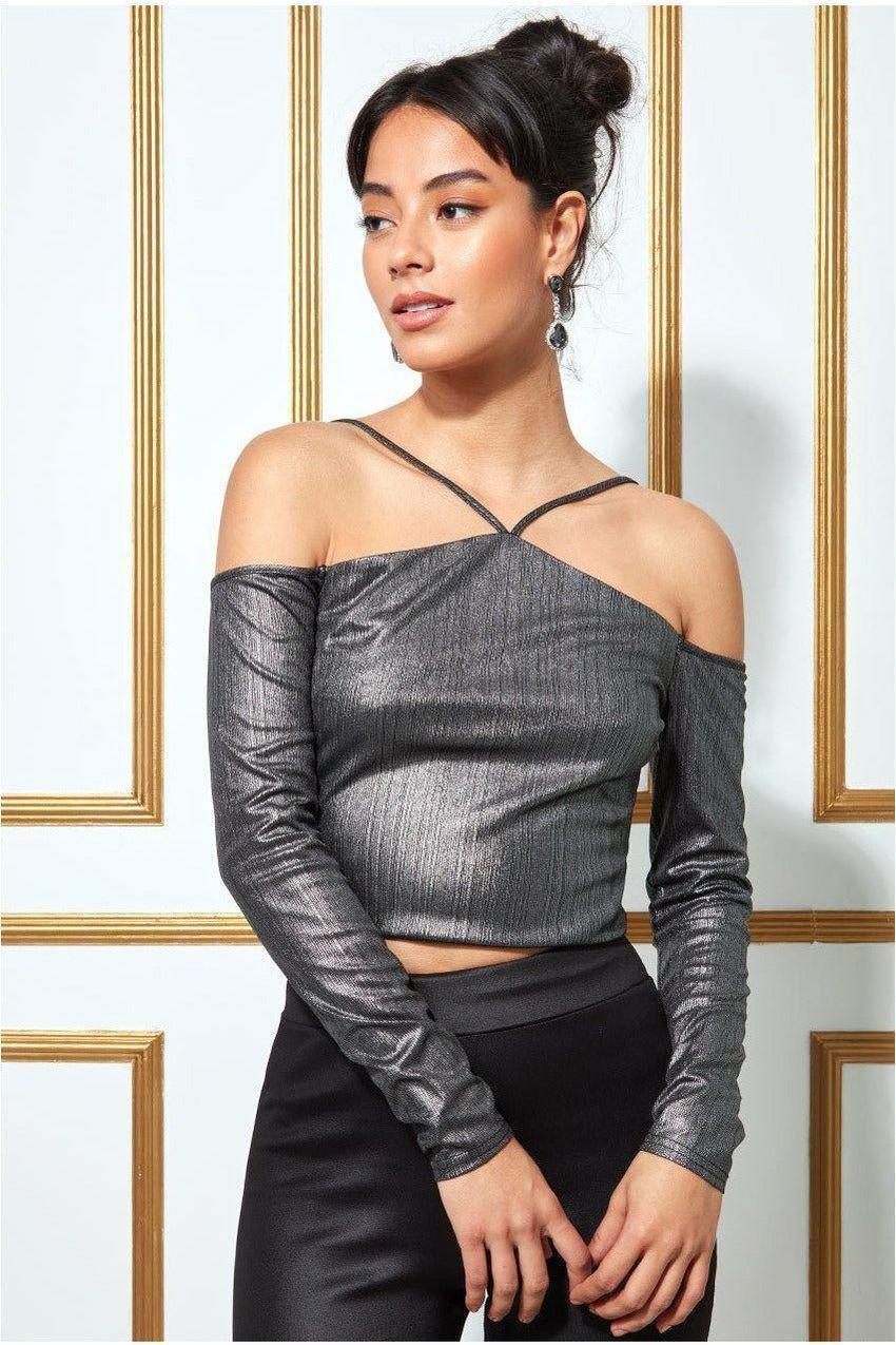 goddiva Metallic Cut Out Crop Top - Dullsilver by Goddiva