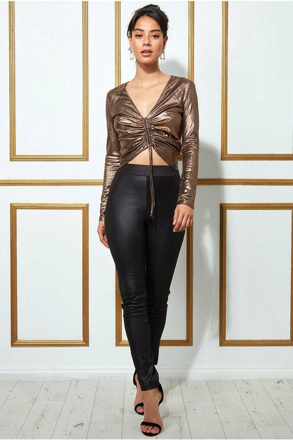 Goddiva Metallic String Long Sleeve Top - Blackgold By Goddiva