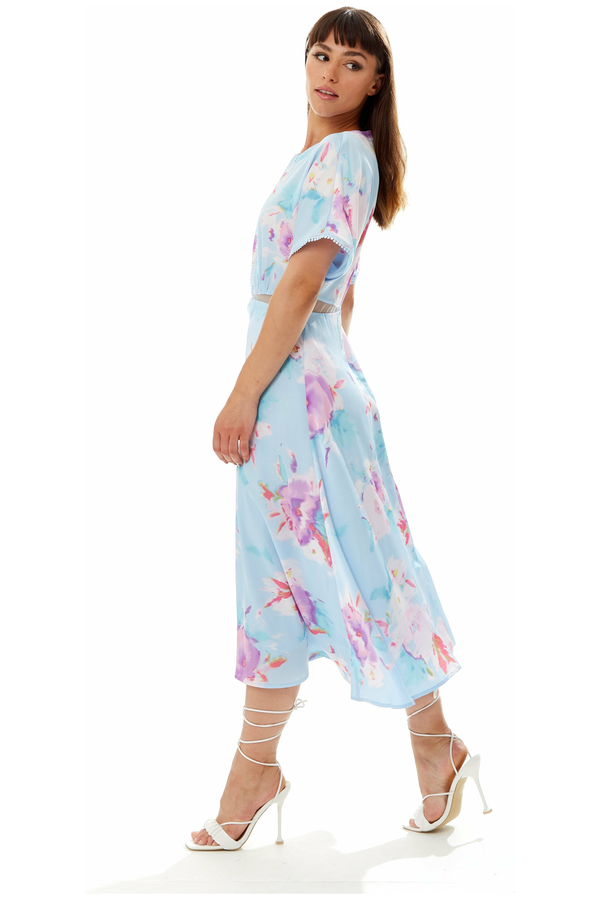 Goddiva Midi Floral Print Dress With Mesh Detail In Blue By Liquorish