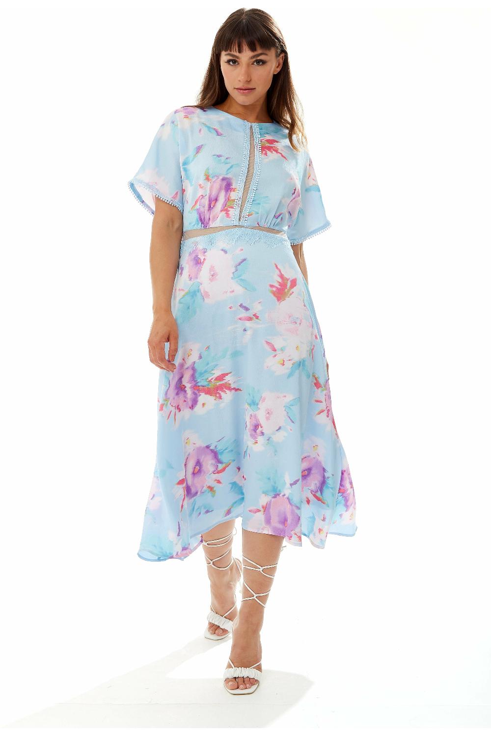 goddiva Midi Floral Print Dress With Mesh Detail In Blue by Liquorish