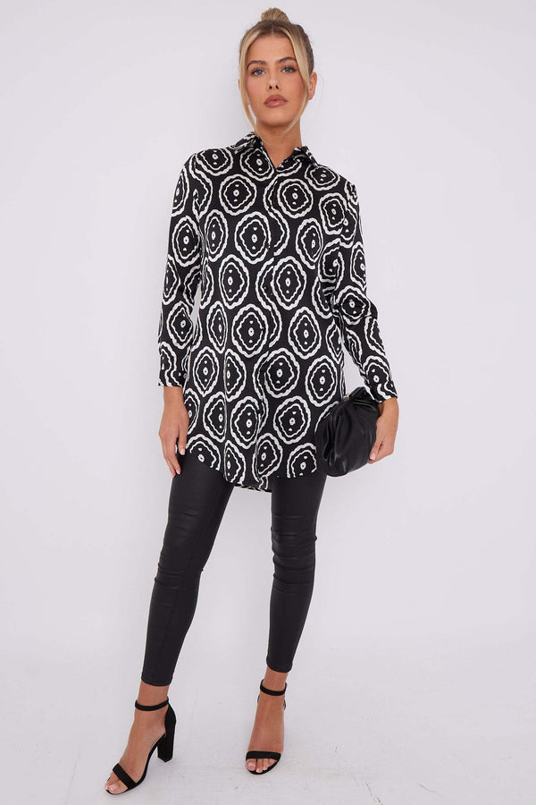Goddiva Mono Tribe Print Bubble Satin Long Shirt By LOVE SUNSHINE