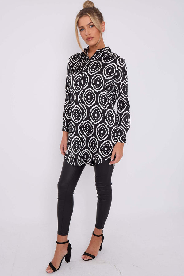 Goddiva Mono Tribe Print Bubble Satin Long Shirt By LOVE SUNSHINE