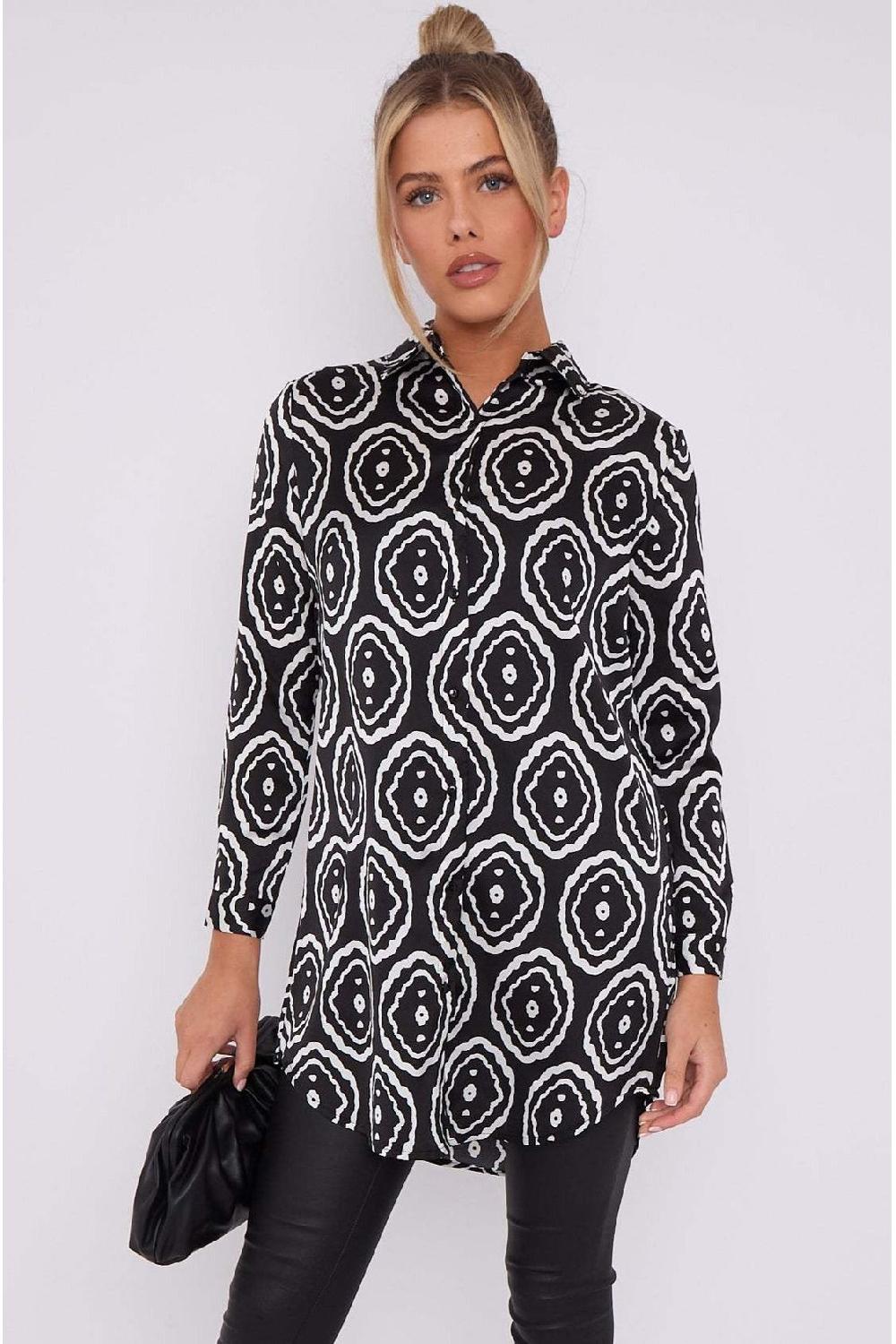 goddiva Mono Tribe Print Bubble Satin Long Shirt by LOVE SUNSHINE