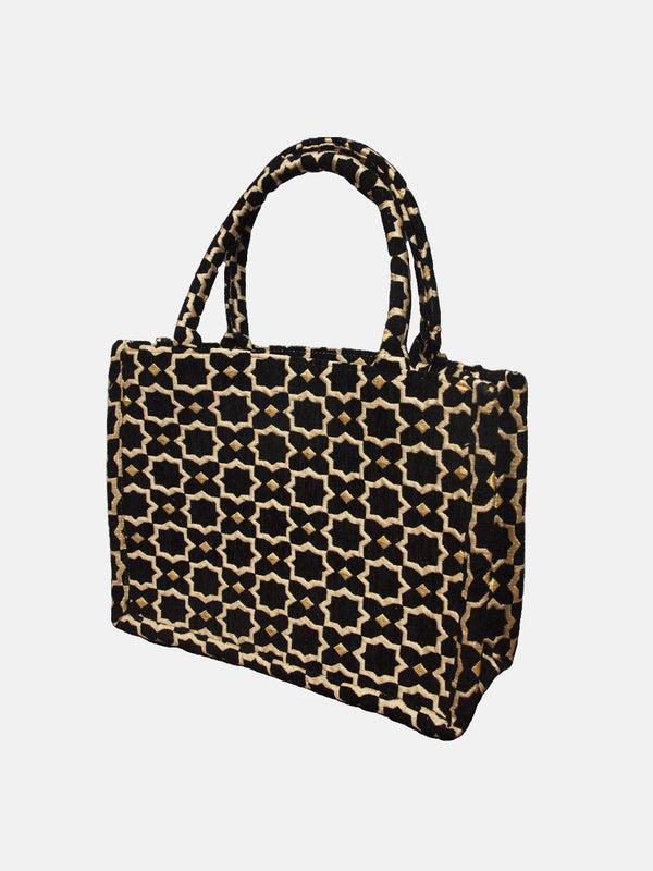 Goddiva Moroccan Geometric Print Fabric Tote Bag In Black By Berber Leather