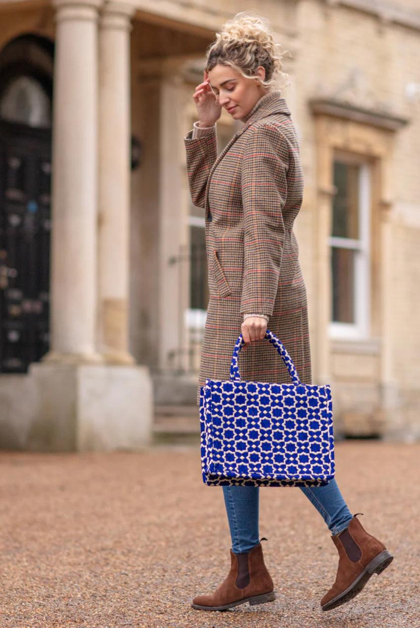 goddiva Moroccan Geometric Print Fabric Tote Bag In Blue by Berber Leather