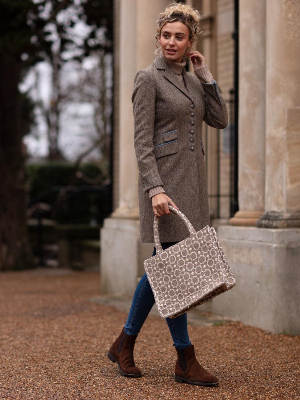 goddiva Moroccan Geometric Print Fabric Tote Bag In Grey by Berber Leather