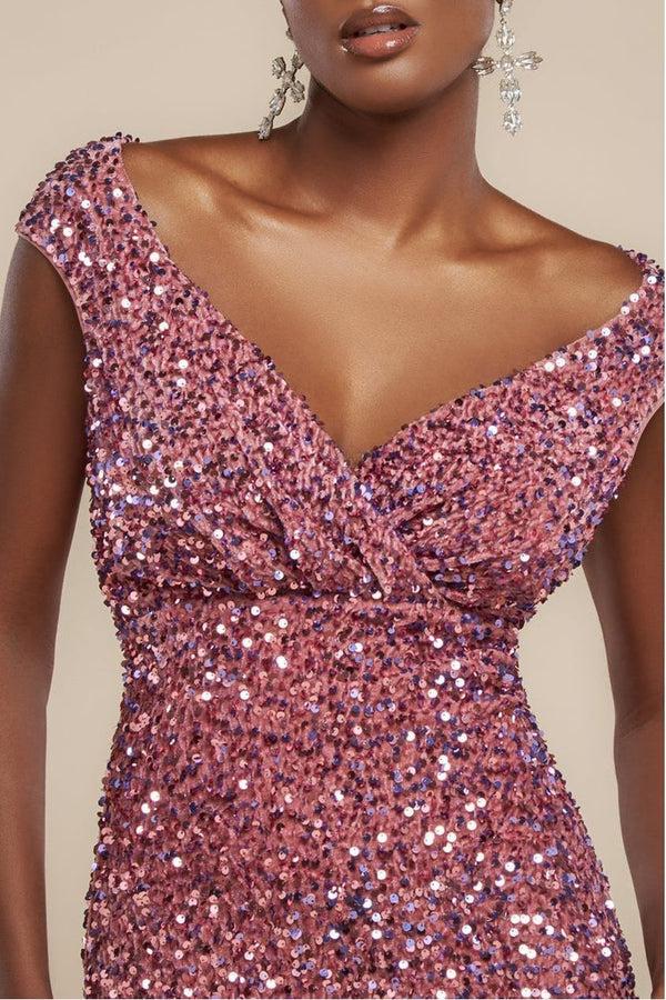 Goddiva Multi Sequin & Velvet Bardot Maxi Dress - Blush Pink By Goddiva