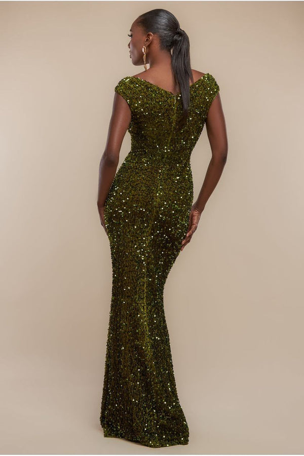 Goddiva Multi Sequin & Velvet Bardot Maxi Dress - Olive Green By Goddiva