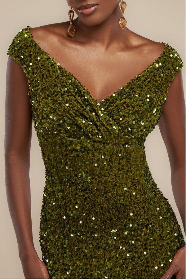 Goddiva Multi Sequin & Velvet Bardot Maxi Dress - Olive Green By Goddiva