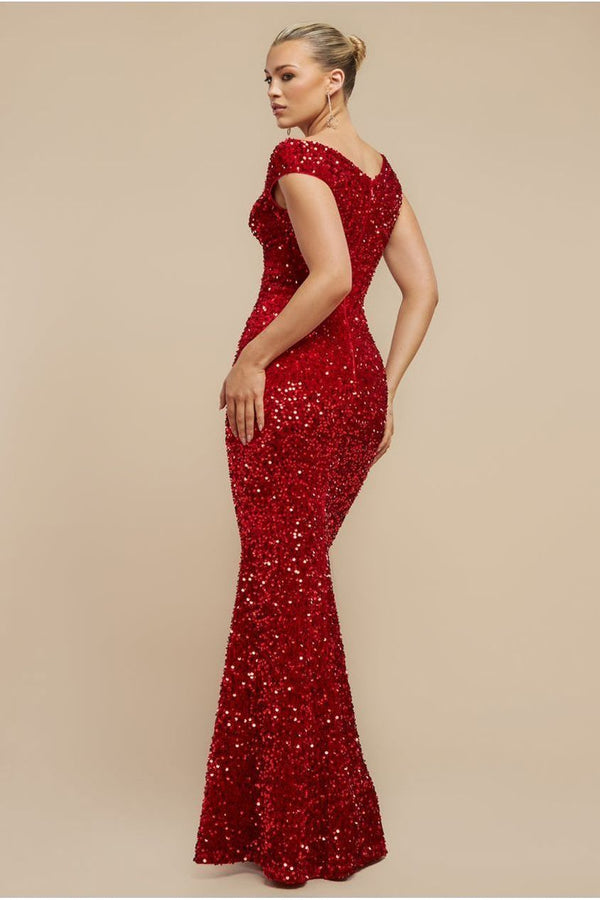 Goddiva Multi Sequin & Velvet Bardot Maxi Dress - Red By Goddiva