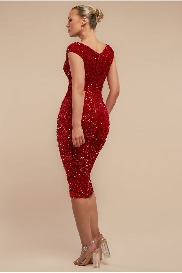 Goddiva Multi Sequin & Velvet Bardot Midi Dress - Red By Goddiva