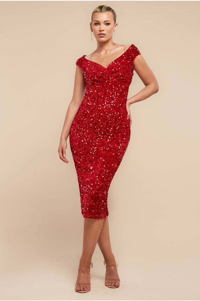 goddiva Multi Sequin & Velvet Bardot Midi Dress - Red by Goddiva