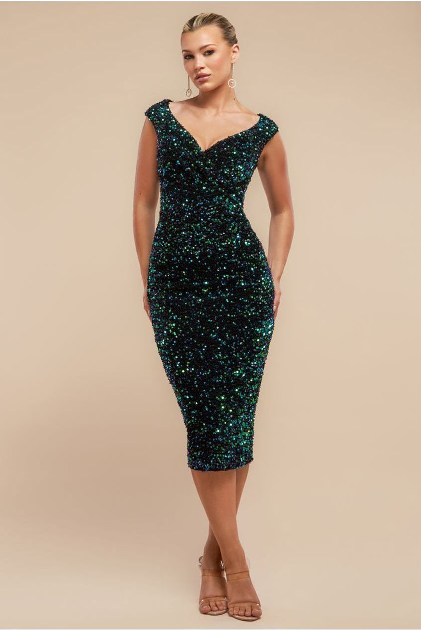 goddiva Multi Sequin & Velvet Bardot Midi - Emerald Green by Goddiva