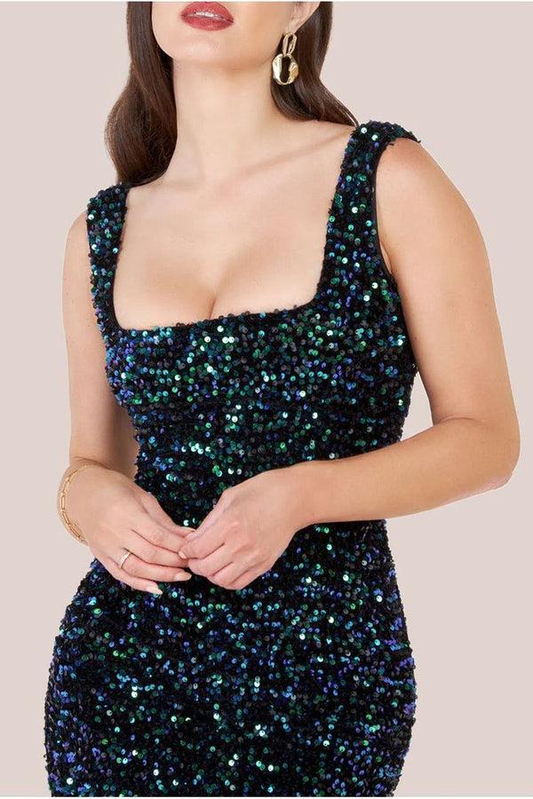 Goddiva Multi Sequin Velvet Bodycon Mini - Emerald Green By Goddiva
