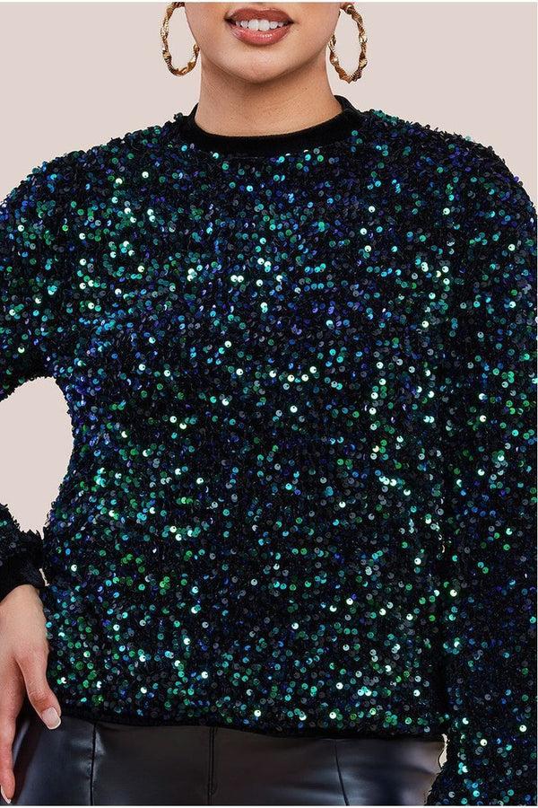 Goddiva Multi Sequin Velvet Jumper - Emerald Green By Goddiva