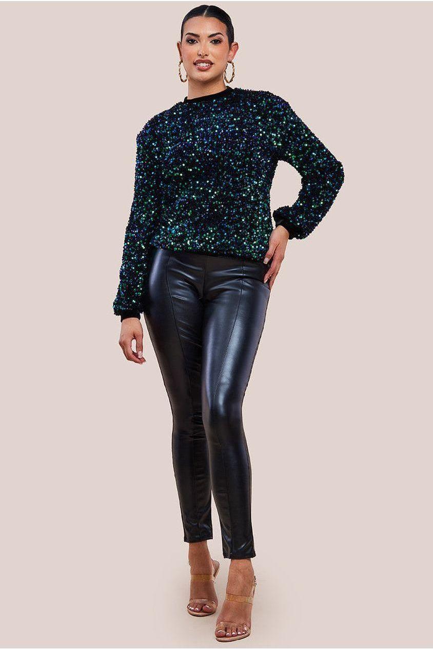 goddiva Multi Sequin Velvet Jumper - Emerald Green by Goddiva