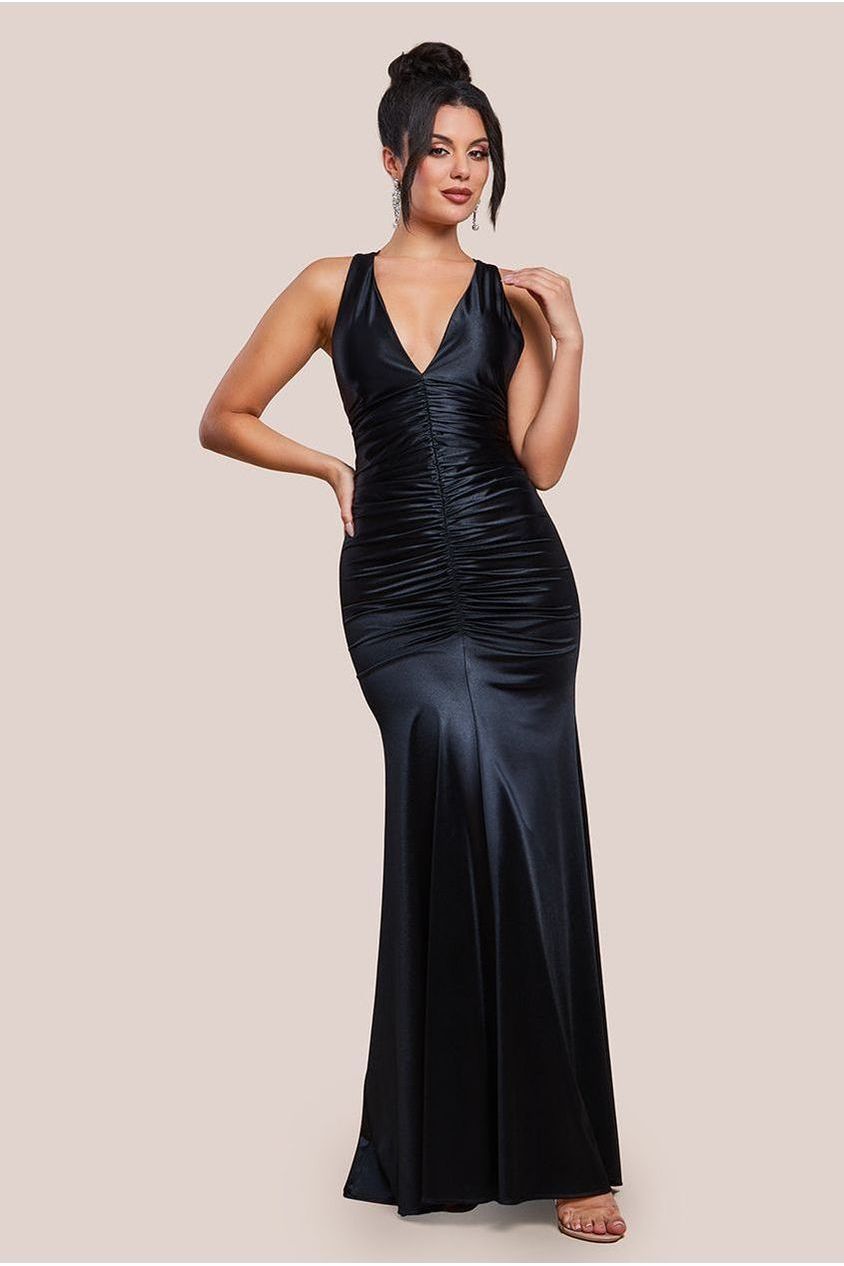 goddiva Multi-Tied Satin Gathered Ring Maxi Dress - Black by Goddiva