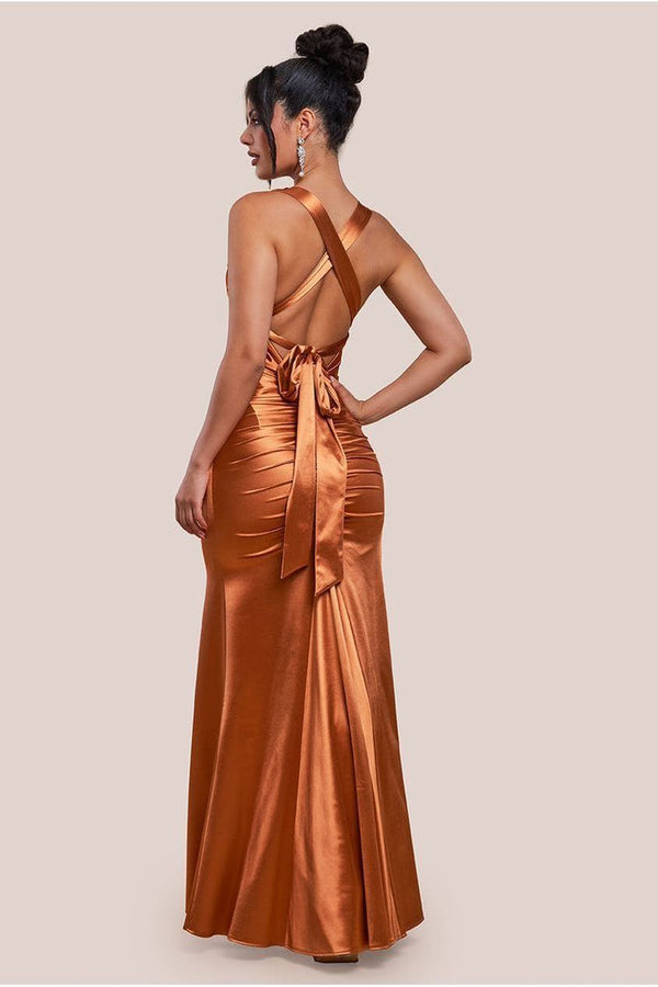 Goddiva Multi-Tied Satin Gathered Ring Maxi Dress - Bronze By Goddiva