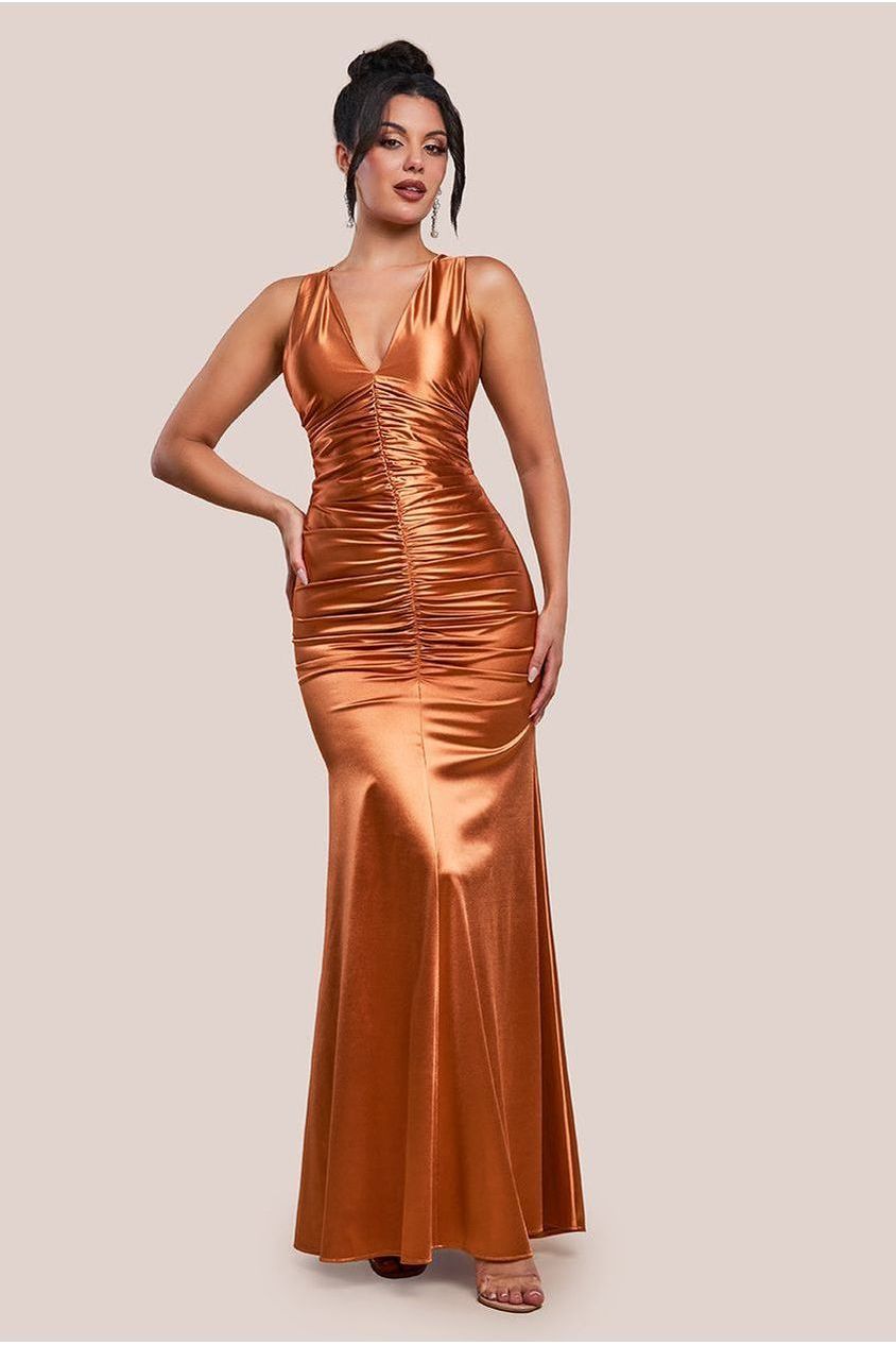 goddiva Multi-Tied Satin Gathered Ring Maxi Dress - Bronze by Goddiva