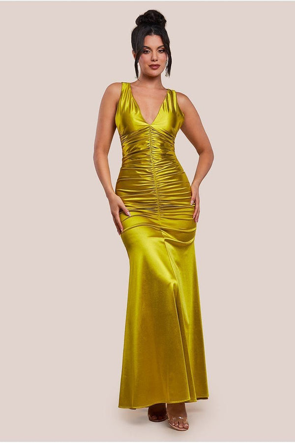 Goddiva Multi-Tied Satin Gathered Ring Maxi Dress - Lime Green By Goddiva