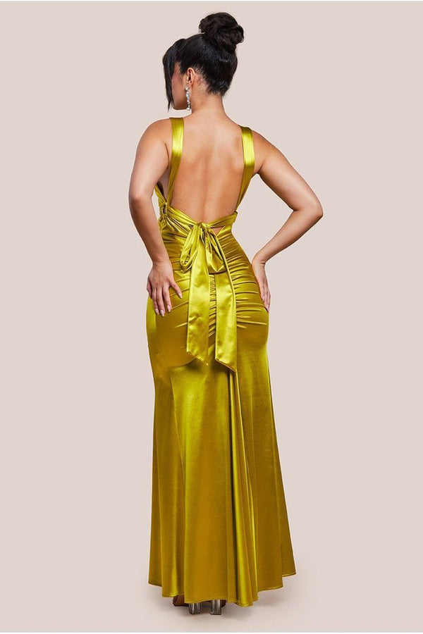 Goddiva Multi-Tied Satin Gathered Ring Maxi Dress - Lime Green By Goddiva