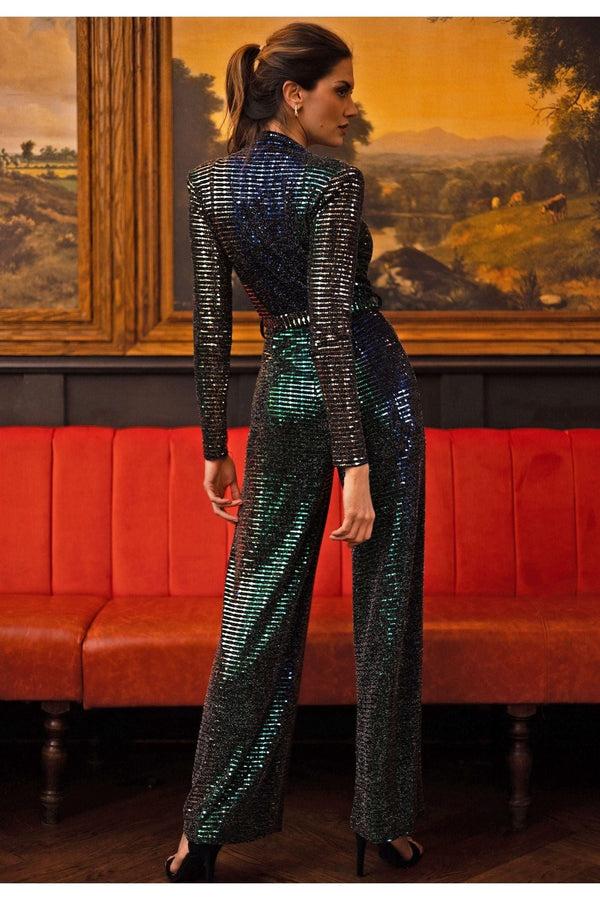 Goddiva Multicolour Sequin Faux Wrap Long Sleeve Cocktail Jumpsuit By Angeleye