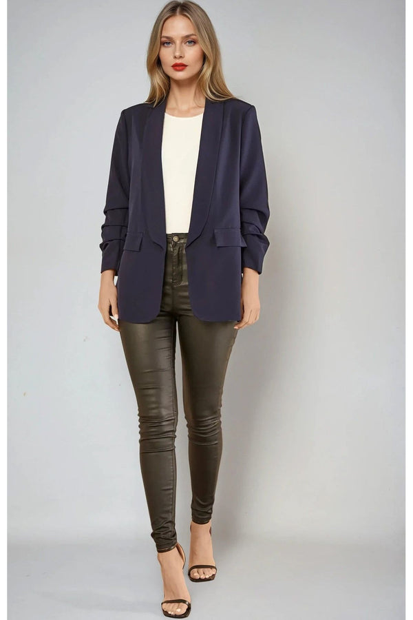 Goddiva Navy Blazer With Ruched Sleeves By Aftershock London