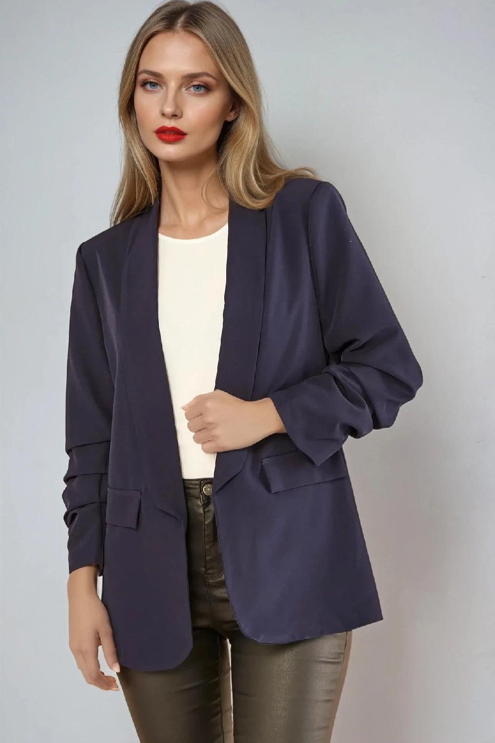 goddiva Navy Blazer With Ruched Sleeves by Aftershock London