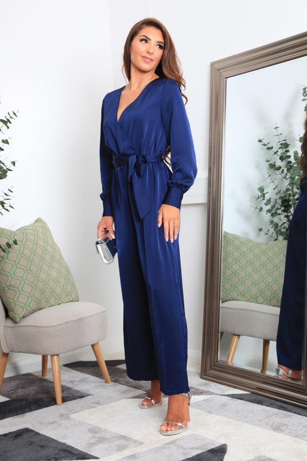 Goddiva Navy Lux Satin Wrap Jumpsuit By Double Second
