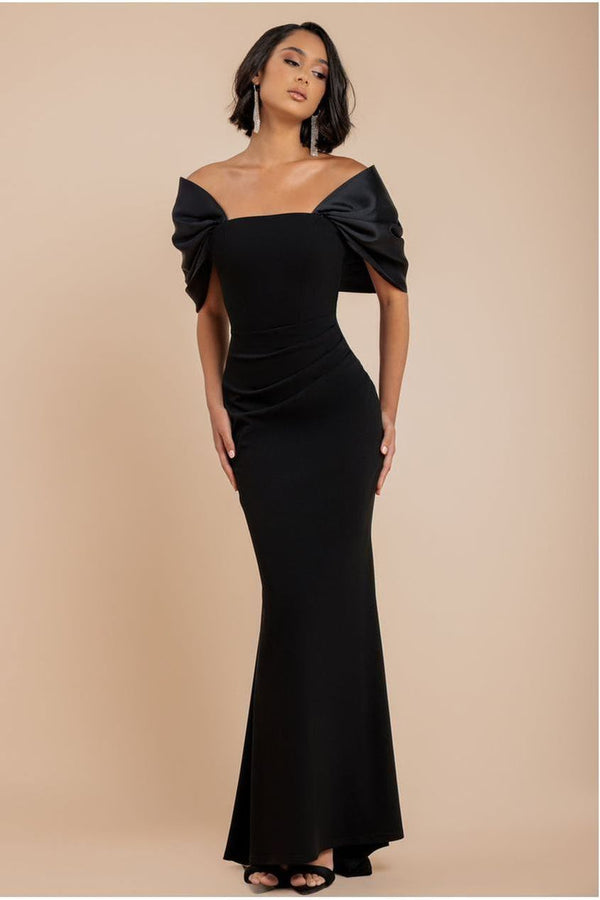 Goddiva Off Shoulder Back Satin Bow Scuba Maxi Dress - Black By Goddiva