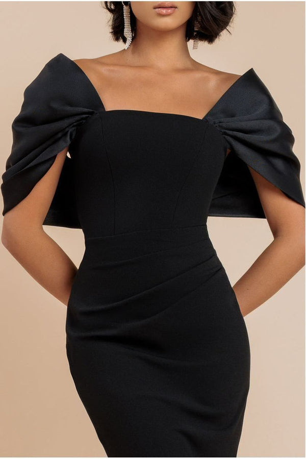 Goddiva Off Shoulder Back Satin Bow Scuba Maxi Dress - Black By Goddiva
