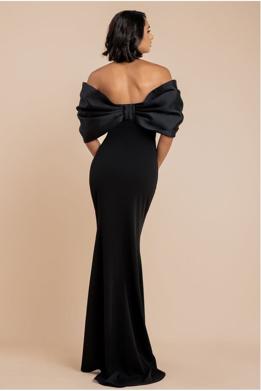 goddiva Off Shoulder Back Satin Bow Scuba Maxi Dress - Black by Goddiva