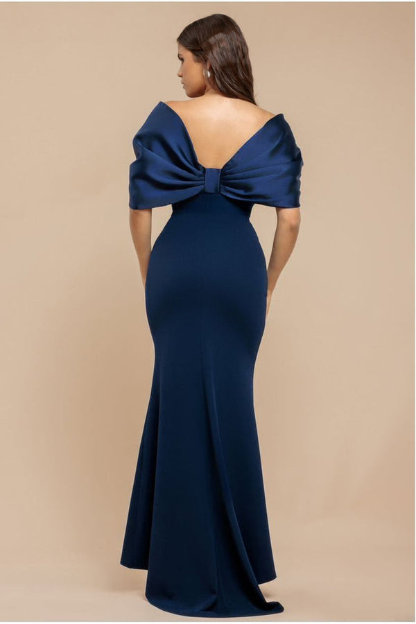 Goddiva Off Shoulder Back Satin Bow Scuba Maxi Dress - Navy Blue By Goddiva