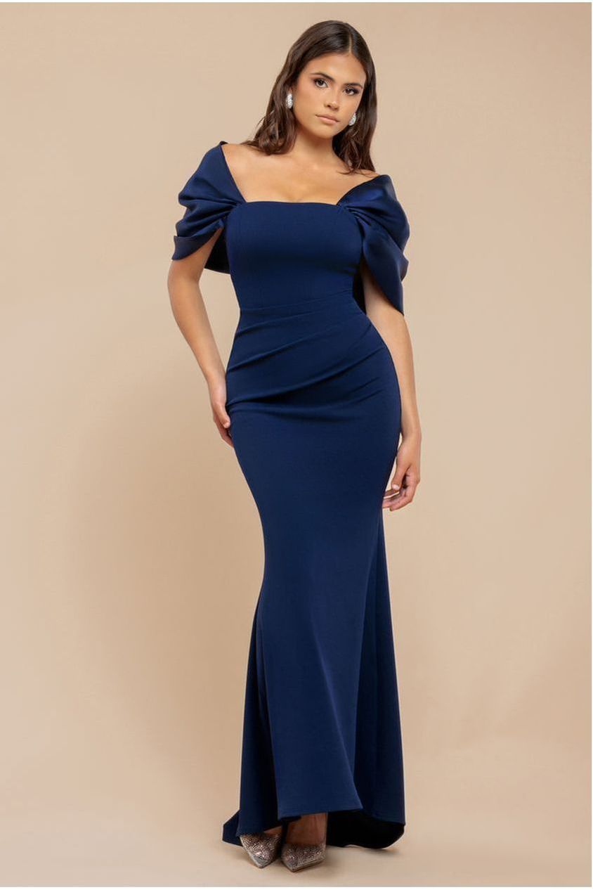 goddiva Off Shoulder Back Satin Bow Scuba Maxi Dress - Navy Blue by Goddiva