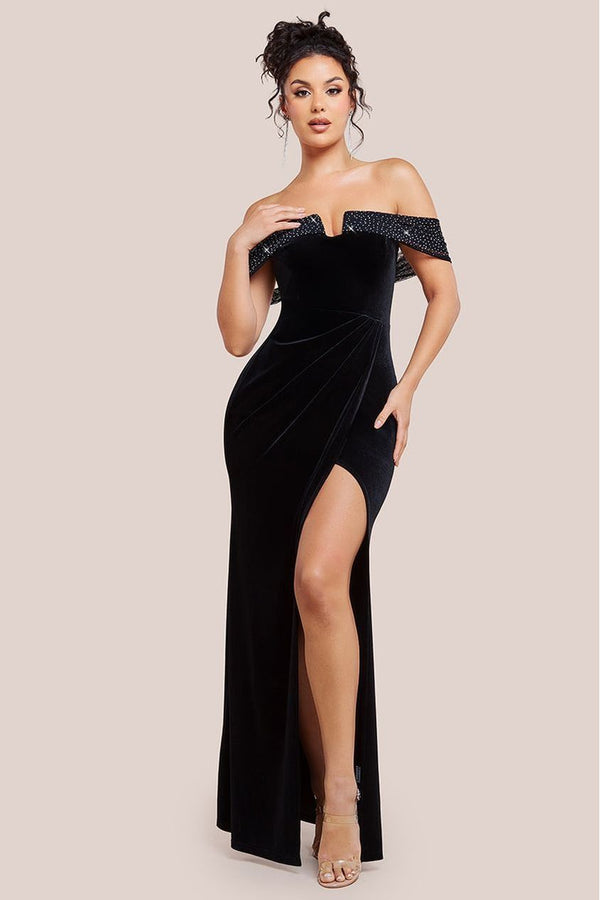 Goddiva Off Shoulder Hotfix Diamante Wing Velvet Maxi Dress - Black By Goddiva