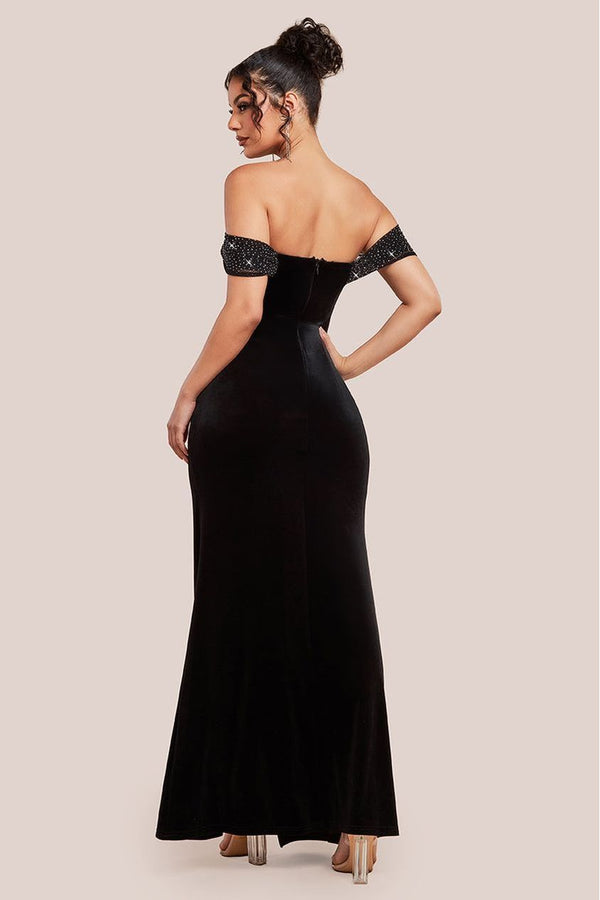 Goddiva Off Shoulder Hotfix Diamante Wing Velvet Maxi Dress - Black By Goddiva