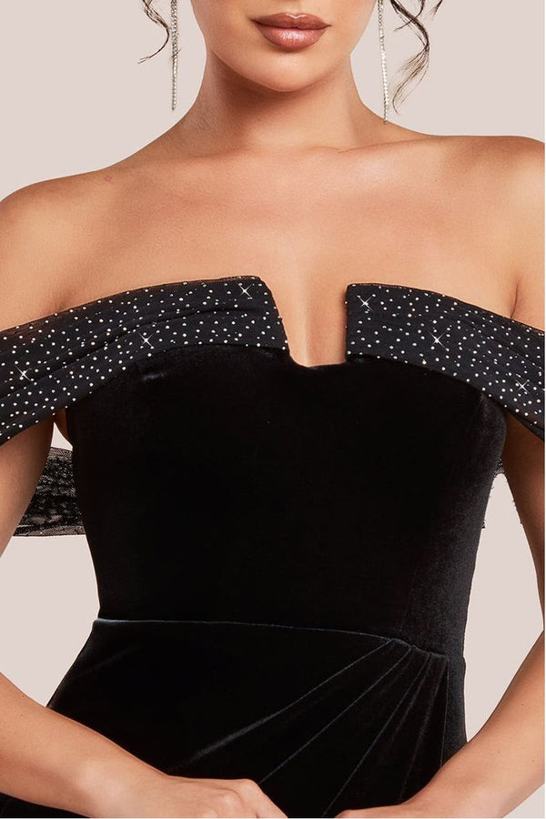 Goddiva Off Shoulder Hotfix Diamante Wing Velvet Maxi Dress - Black By Goddiva