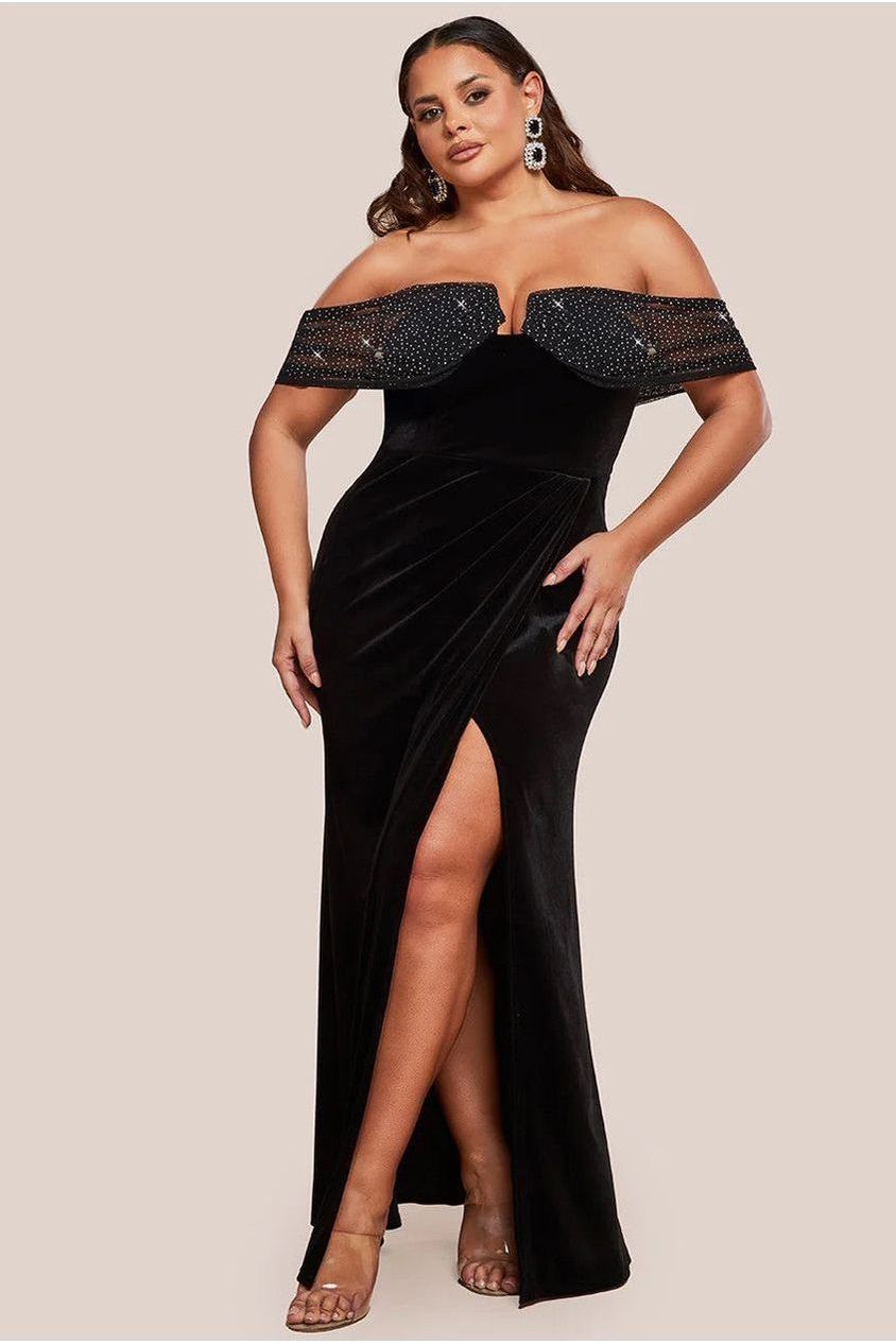 goddiva Off Shoulder Hotfix Diamante Wing Velvet Maxi Dress - Black by Goddiva Plus