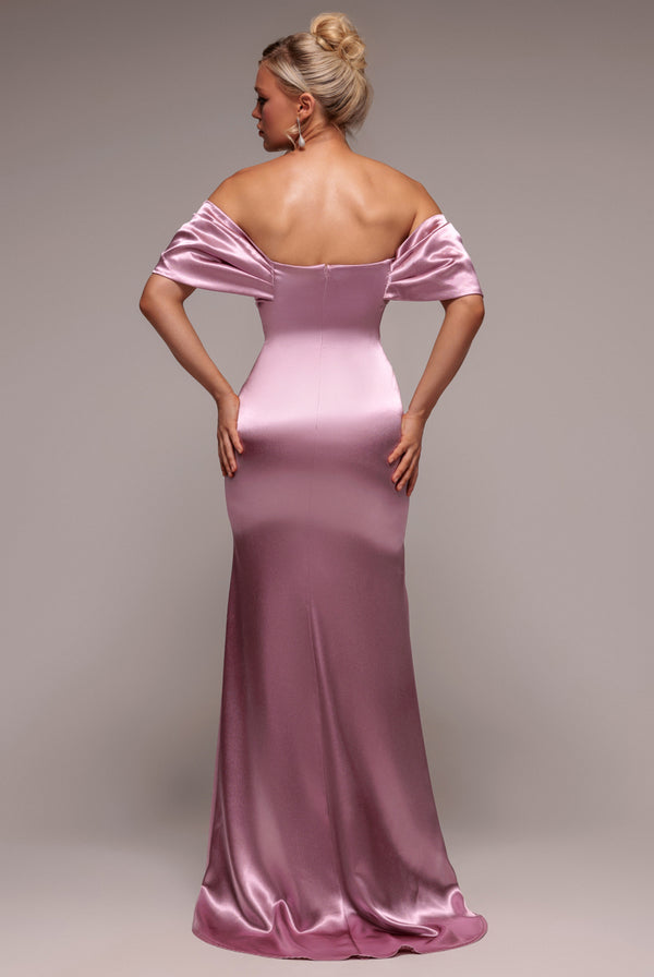 Goddiva Off Shoulder Satin Maxi With V Neck - Rosepink By Goddiva