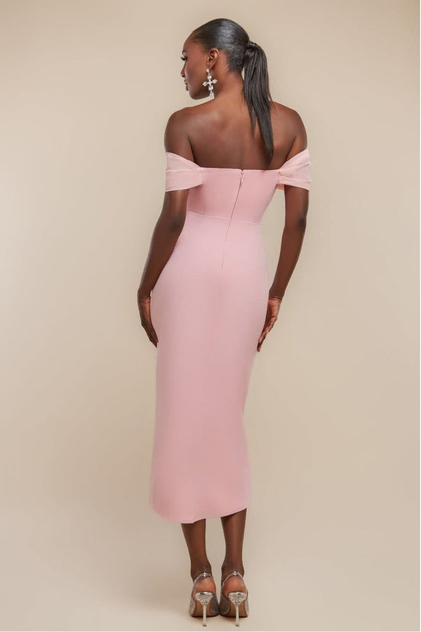 Goddiva Off The Shoulder Chiffon Wing Scuba Crepe Midi Dress - Blush Pink By Goddiva