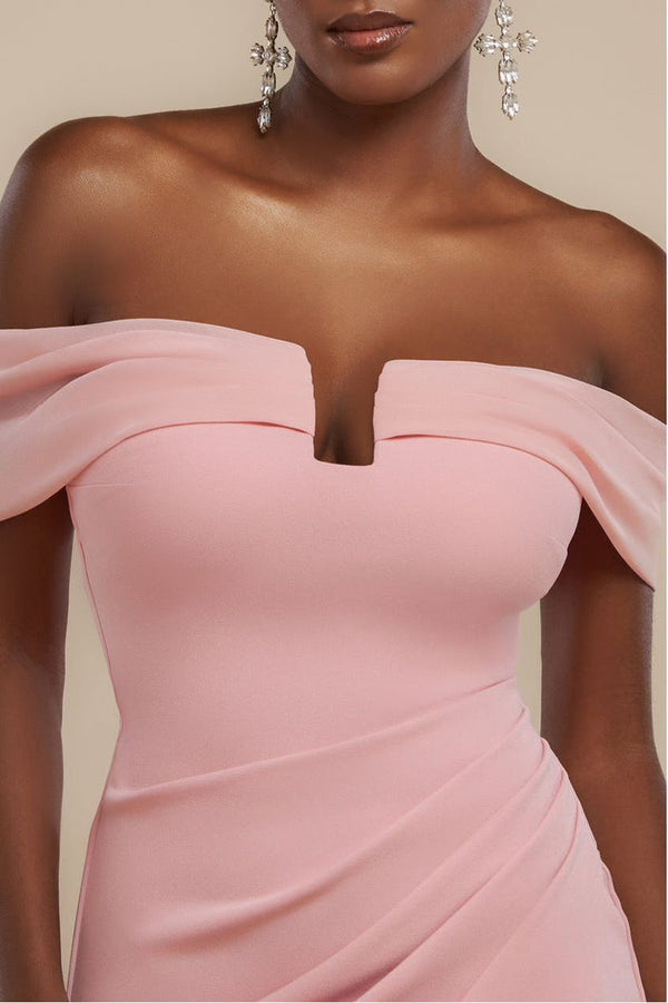 Goddiva Off The Shoulder Chiffon Wing Scuba Crepe Midi Dress - Blush Pink By Goddiva