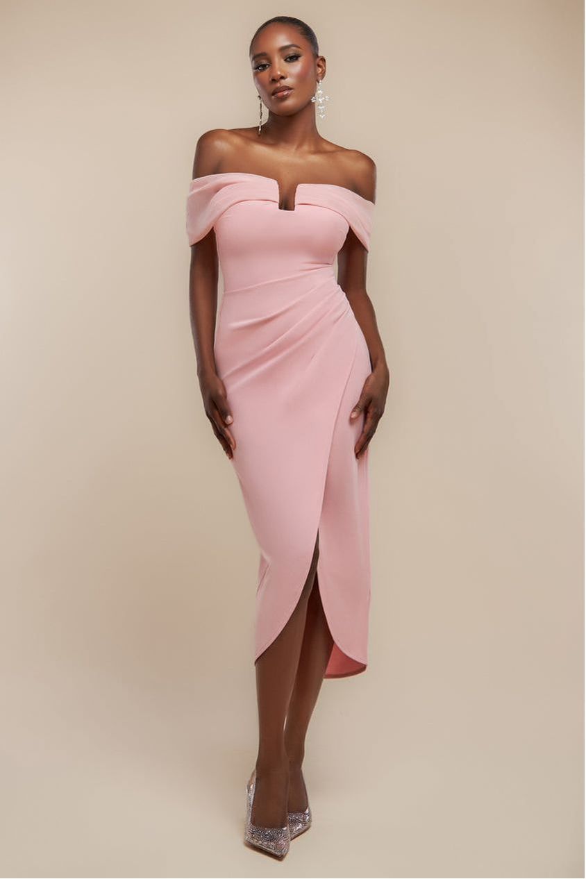 goddiva Off The Shoulder Chiffon Wing Scuba Crepe Midi Dress - Blush Pink by Goddiva