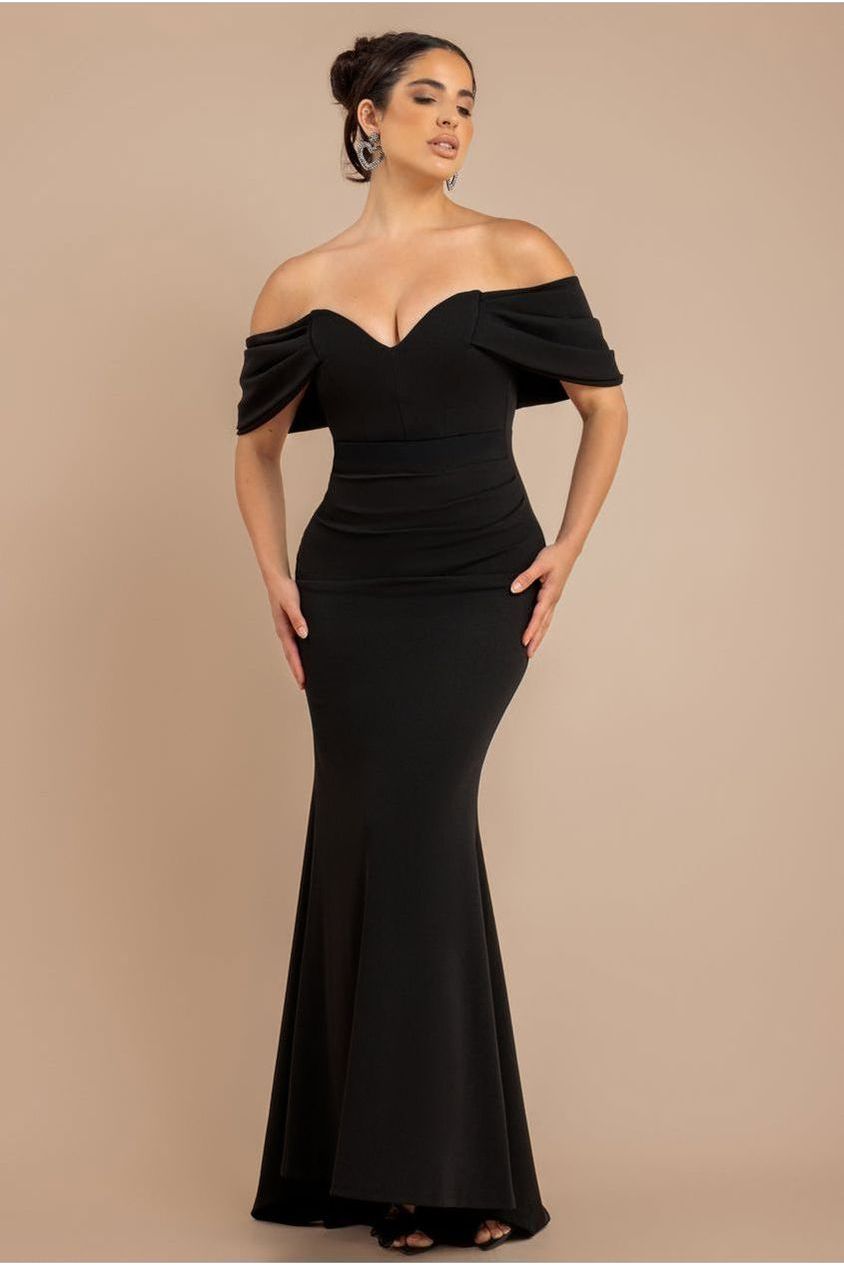 goddiva Off The Shoulder Draped Sleeve Maxi Dress - Black by Goddiva